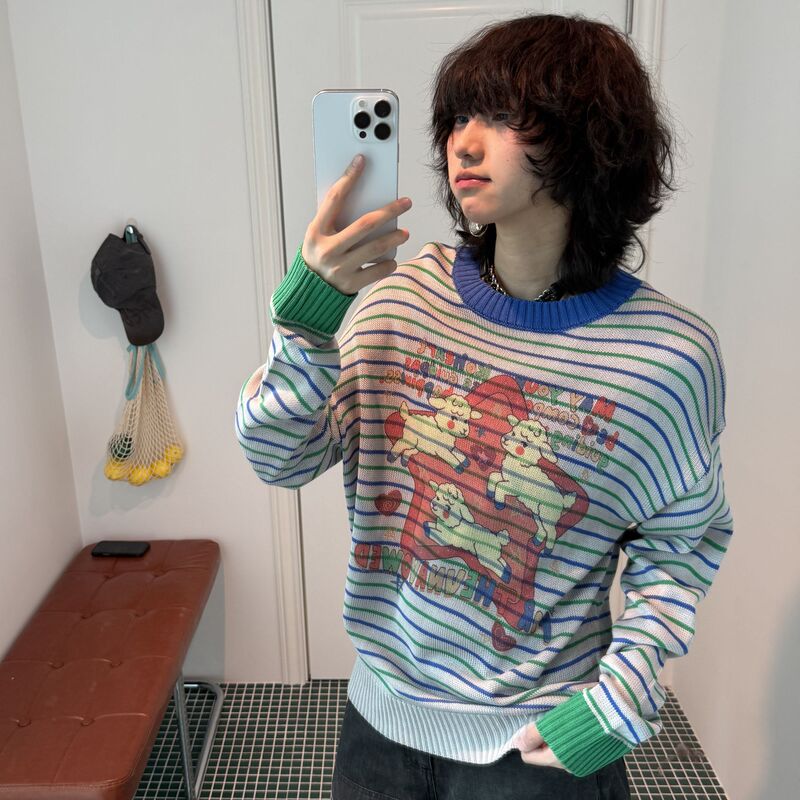 Shadow Planet Childlike Style Color-Blocked Striped Knit Sweater for Women with Cartoon Sheep Print, Loose Fit, Age-Reducing Color-Blocking Sweater, Trendy Shadow Planet Childlike Style Color-Blocked Striped Knit Sweater for Women with Cartoon Sheep Print, Loose Fit, Age-Reducing Color-Blocking Sweater, Trendy