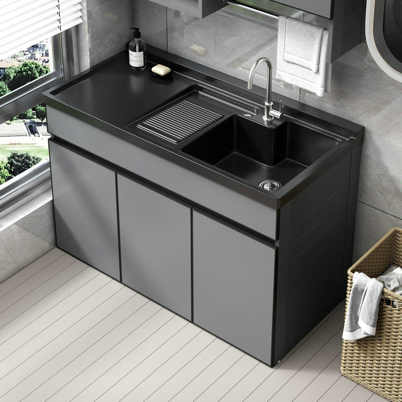 Space Aluminum Laundry Cabinet Washbasin Integrated Laundry Pool Balcony Home with washboard quartz Stone Single slot Changle-Taobao