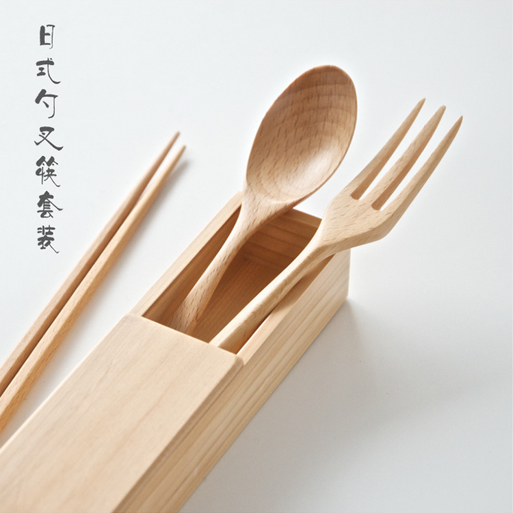 Solid Wood Cutlery Day Style Wood Box Wood Spoon Wood Chopsticks Wood Fork Four Pieces Sleeves Chopsticks Cutlery Box Portable Travel Cutlery