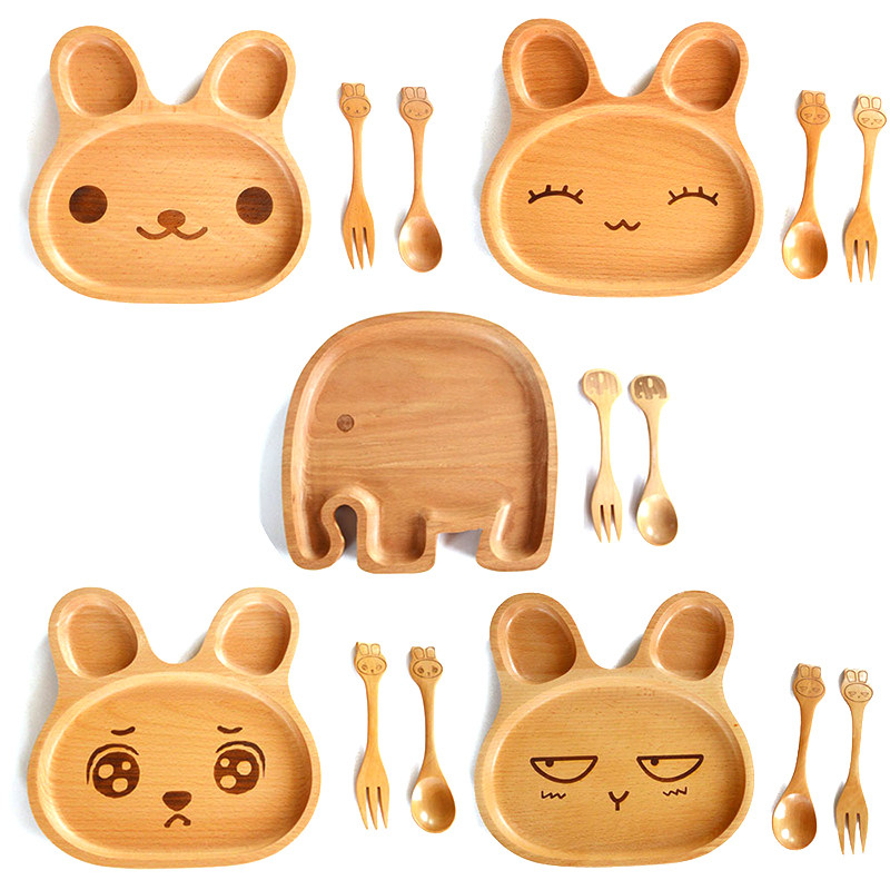 Japanese-style creative cartoon wooden tableware children's dinner plate cute solid wood tray environmental protection compartment wooden plate snack plate