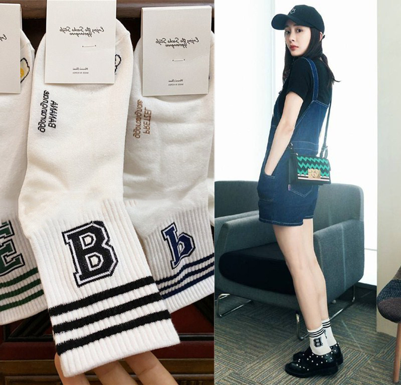 Celebrity Yang Mi's Same Style Socks, Women's Mid-Calf Socks ins Trendy Letter Design Versatile Korean Style Socks for Women, Autumn and Winter