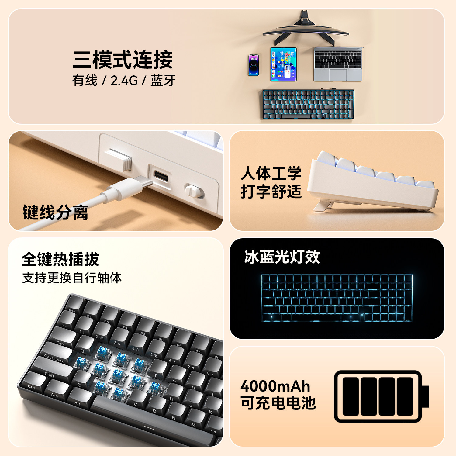 Wolf Spider S100 Wireless Three-Mode Mechanical Keyboard and Mouse Set for E-Sports Gaming, Bluetooth, Office, Computer, Tablet, Desktop