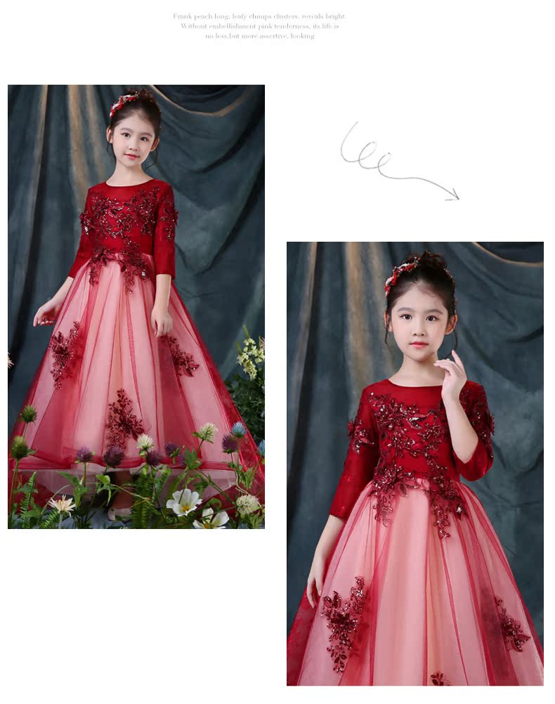 Cô gái mặc váy dài công chúa đầm trẻ em catwalk tổ chức trang phục hoa cô gái váy dạ hội dài tay mùa thu đông váy trẻ em hàn quốc