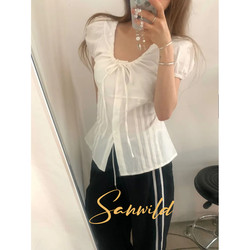 Sanwild Korean-Style Sweet French Slim-Fit Tie Versatile Slimming Puff Sleeve Shirt Short-Sleeve Cropped Top for Women