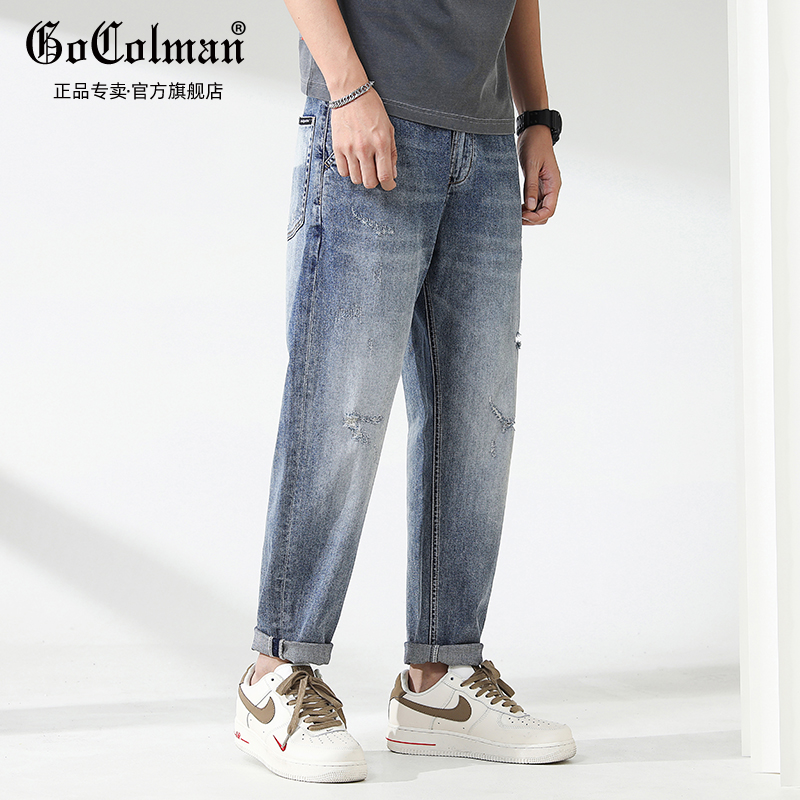GoColman autumn and winter jeans men's Japanese fashion brand printing loose straight new light-colored ripped pants
