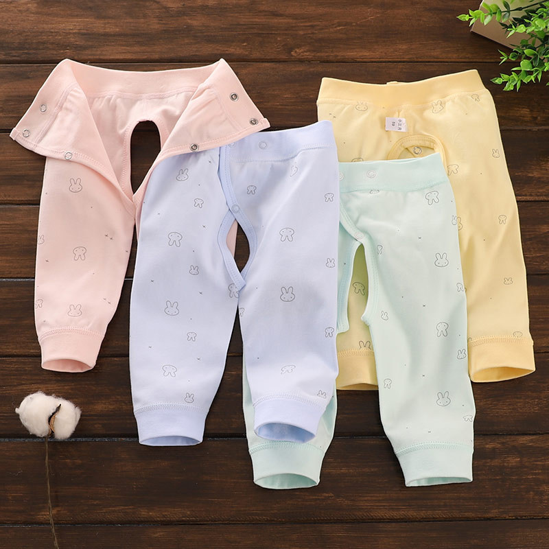 1-year-old male and female baby spring and autumn pure cotton open pants for newborn infants with double snap buttons adjustable waist line pants