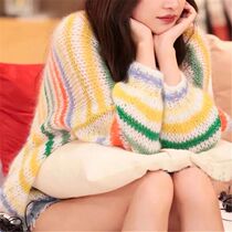 Rainbow Striped Women Knitted Sweater Hollow Niche Design