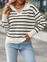 S FLAVOR Women All Season Casual Striped V-neck Sweater
