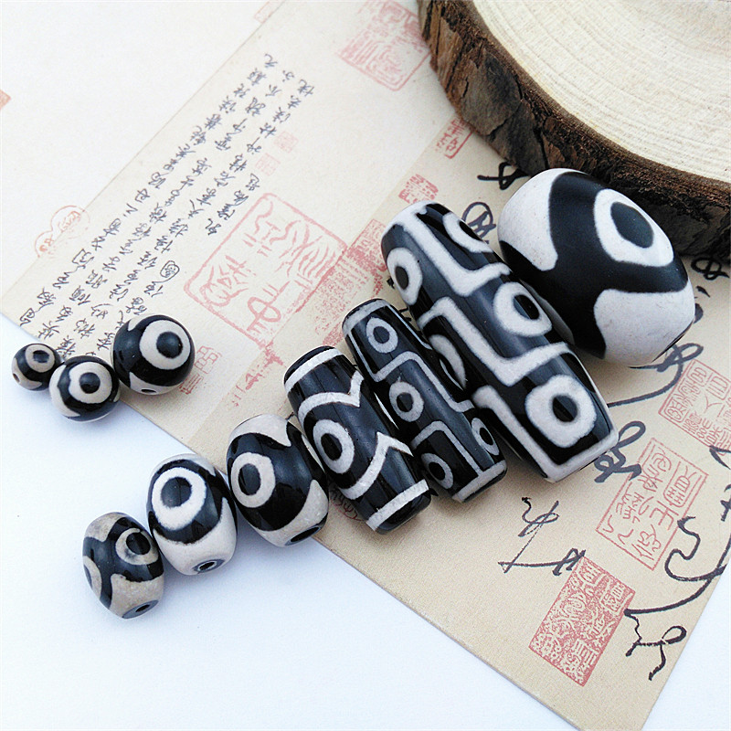 Black agate three-eye nine-eye dzi bead Tibetan traditional dzi beads dharma device dzi beads handmade DIY loose bead bracelet beading