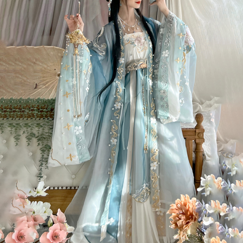 Like a Dream【White Tea】Original Hanfu Embroidery Hanfu Tang-Style Embroidered Large Sleeve Shirt Hezi Skirt One-Piece Chest-Length Like a Dream【White Tea】Original Hanfu Embroidery Hanfu Tang-Style Embroidered Large Sleeve Shirt Hezi Skirt One-Piece Chest-Length