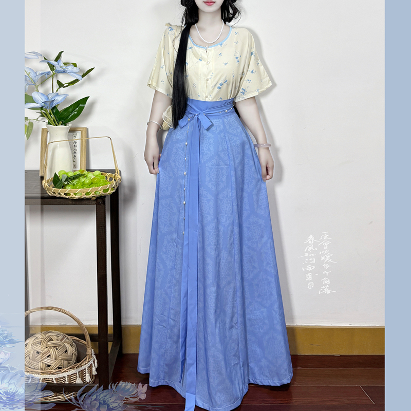 Qianyuji Original【Yimo】Hanfu Tang-Style Round-Neck Shirt and Eight-Panel Skirt Set for Women, Slimming, Suitable for Daily Commuting, Summer
