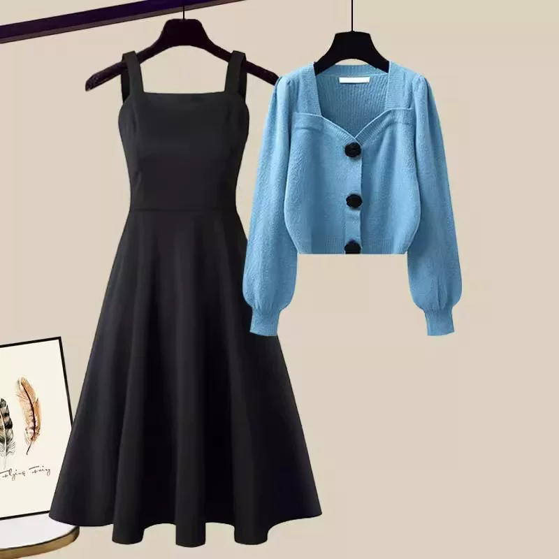 Autumn set, solid knitted sweater, dress, western style, Chanel style