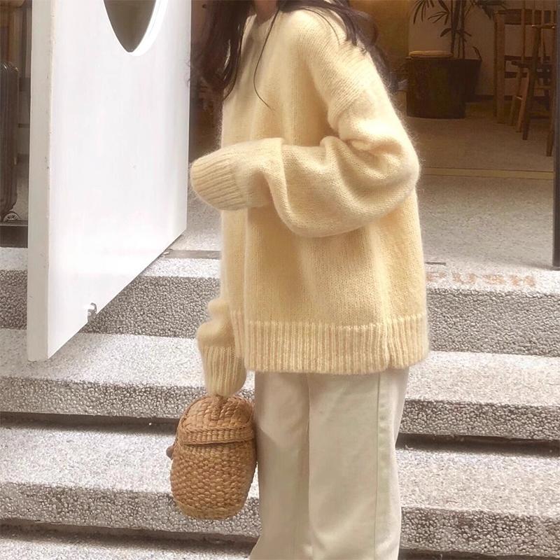 Creamy Yellow Mohair Pullover Sweater for Women, Autumn and Winter, Petite, Loose, Lazy Style, Thickened Knit Top with Round Neck Creamy Yellow Mohair Pullover Sweater for Women, Autumn and Winter, Petite, Loose, Lazy Style, Thickened Knit Top with Round Neck