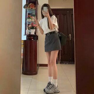 American Retro Gray Short Skirt for Petite Women, Summer High-Waisted Slimming A-Line Bodycon Skirt for Hot Girls