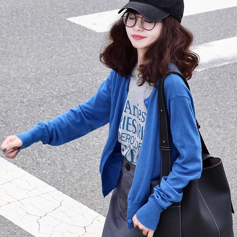 Klein Blue Knitted Cardigan Jacket for Women, Spring and Autumn Outerwear, Layered Round Neck Sweater, Loose Fit, Short Top for Petite Figures
