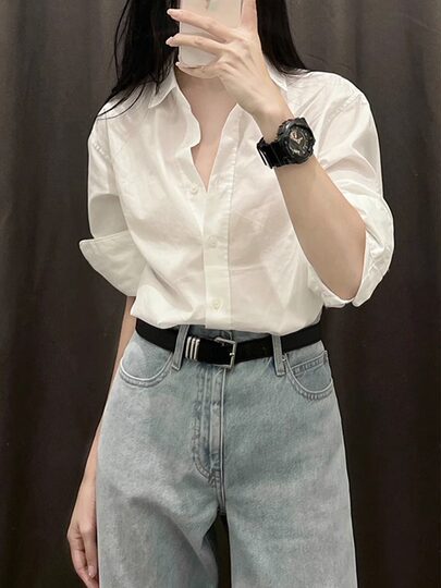 Chemise blanche française pour femmes, petite chemise ample à manches longues avec haut de déplacement professionnel, nouvelle collection printemps et automne 2025