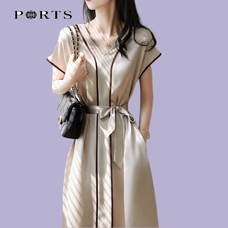 Ports 2021 New Light Luxury Elegant Invisible Pocket Bag Shoulder Sleeve V-Neck Tie Acetate Dress to Be Thin