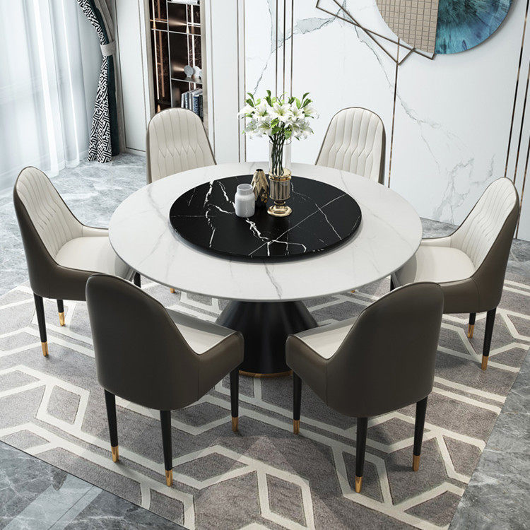 Modern minimalist round table with turntable light luxury dining table rock slab round dining table multifunctional marble dining table and chair combination