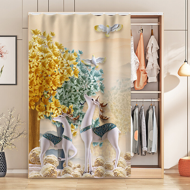 Elk Deer Wardrobe Shelter Curtain Cabinet Dust Shield Anti-Ugly Door Curtain Free Slide Rail Type Cloth Curtain Shoe Cabinet Self-Adhesive Curtain