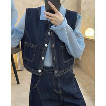 Louvre autumn new fashionable literary retro original cow style collarless denim vest high waist short sleeveless vest for women