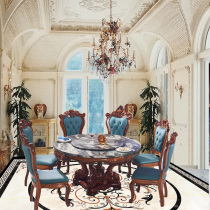 European style ebony wood natural marble combination dining table with 6 and 8 chairs with disc elephant style