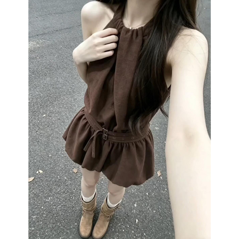 French-Style High-End Coffee-Colored Sleeveless Halter Dress for Women, Summer 2026 New Trendy Hot-Selling Short Dress