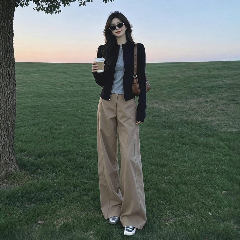 Very Stylish Black Cardigan Jacket and Wide-Leg Pants Set for Women, 2026 New Early Autumn High-End Outfit Complete Set