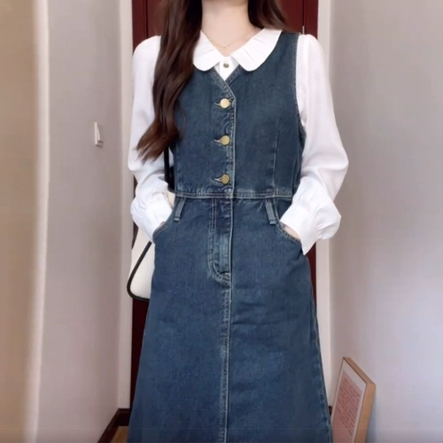 Весеннее джинсовое платье, весенняя длинная юбка, комплект, французский стиль, яркий броский стиль, по фигуре, подходит для подростков