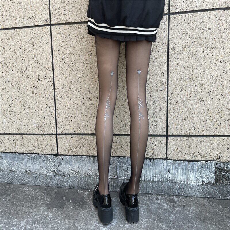 Japan Shiny Black Silk Ins Black Sexy Ultrathin T Crotch Letter Rear Vertical Wire Pants Socks Female Fishing Net Thin Silk Stockings