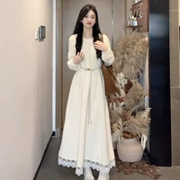 Кремово-белый (в комплекте с поясом) [Популярный стиль этого года/Популярные наряды для ранней осени/Достойный и элегантный/Длинные рукава/Высокая талия/Различные стили/Красивый/Модный и нишевый стиль/Китайское платье-рубашка для девочек ко Дню святого Валентина]