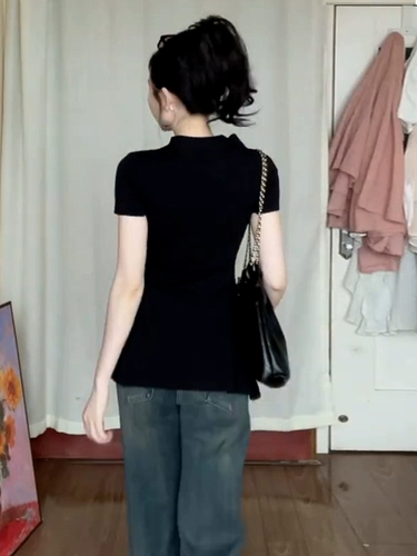 Черная летняя сексуальная футболка с коротким рукавом, французский стиль, по фигуре