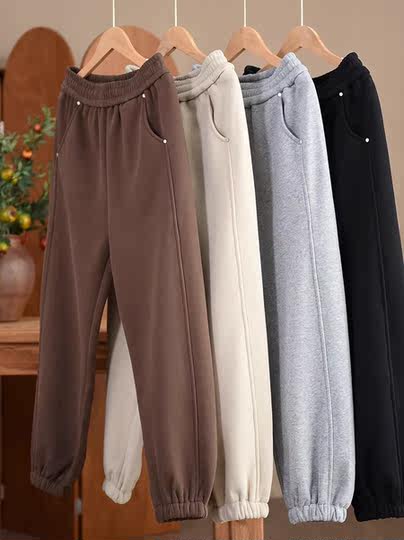 美拉德休闲裤女冬季新款裤子复古加厚保暖哈伦裤美式大码束脚长裤