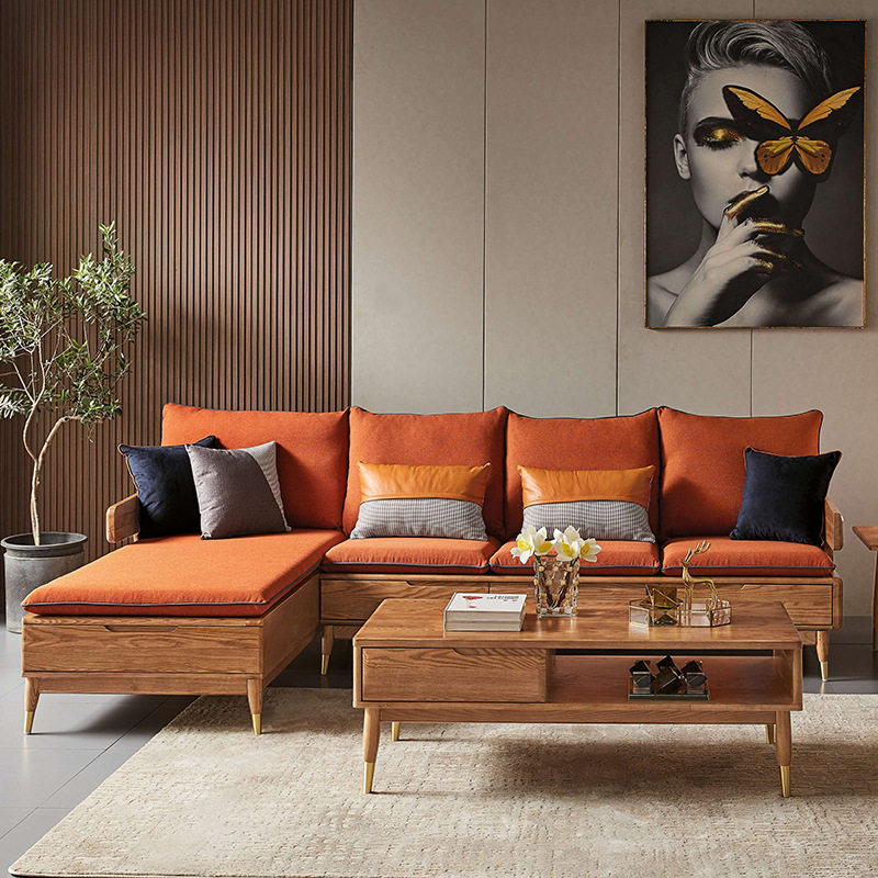 Nordic solid wood sofa living room combination winter and summer sofa ash wood new Chinese storage corner solid wood sofa