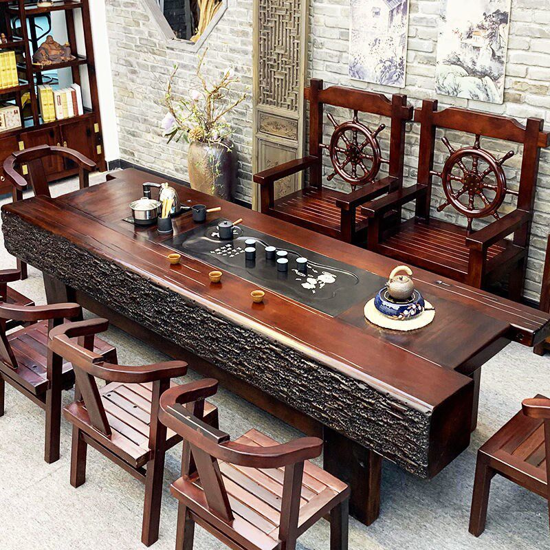 Old boat wood tea table and chair combination new Chinese solid wood Kung Fu tea table household tea table 1 meter 8 tea set set in one