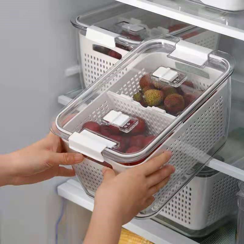 Sun-type drain basket double food grade plastic refreshing box Refrigerator containing box sealed adjustable separator fruit and vegetable box