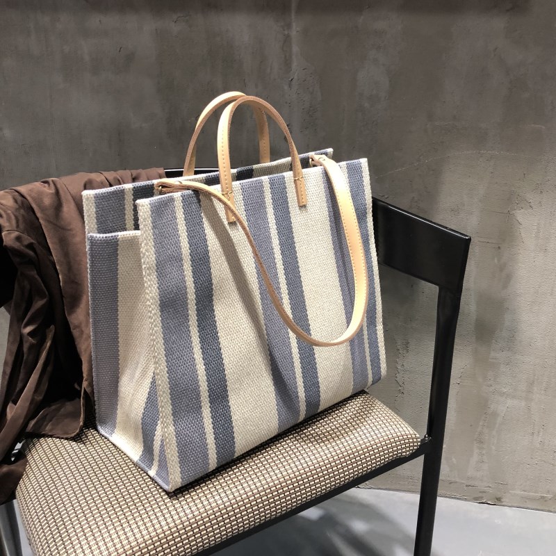 Big bag women's 2022 new trendy Korean version all-match large-capacity striped contrasting color canvas bag ins super hot one-shoulder style