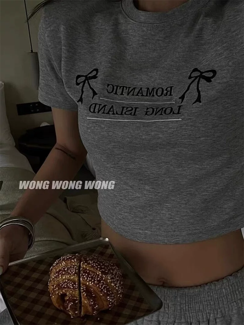 Летняя футболка с коротким рукавом и бантом, американский стиль, с вышивкой, с коротким рукавом