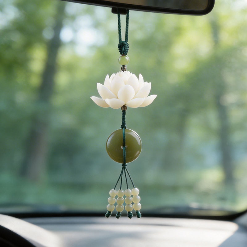 High-End Bodhi Lotus Hetian Jade Car Pendant Rearview Mirror Ornament, Unisex Style, for Safe and Continuous Protection in the Car