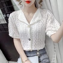 2021 new French sweet beaded short-sleeved lace shirt womens summer design niche bubble sleeve top