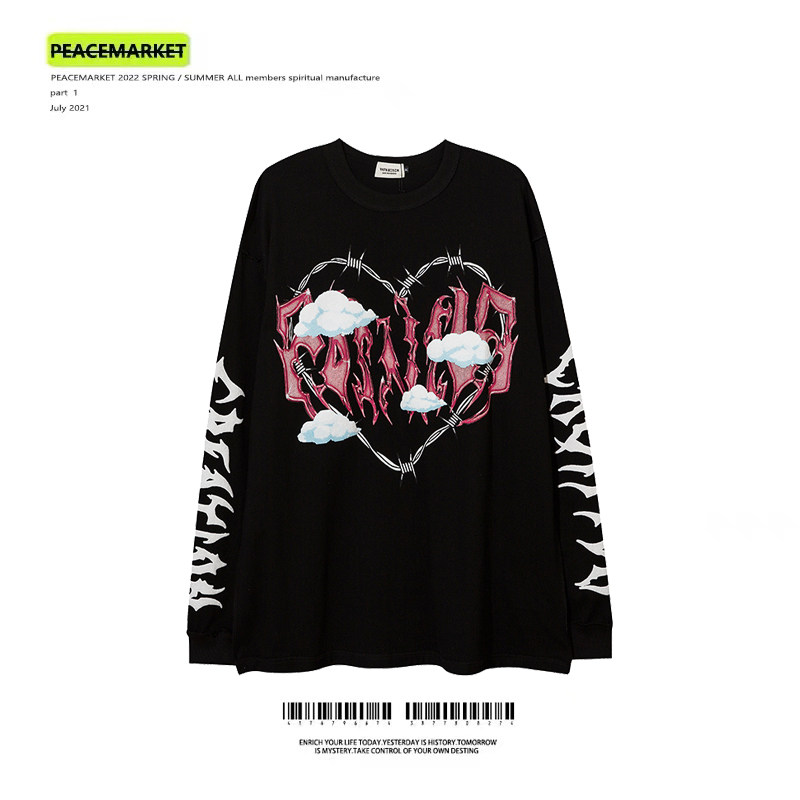 PEACEMIARKET Dark Black High Street Ins Necropolis IRON WIRE PRINTED LONG SLEEVE T-SHIRT MALE AND FEMALE OVERSIZE TIDE 