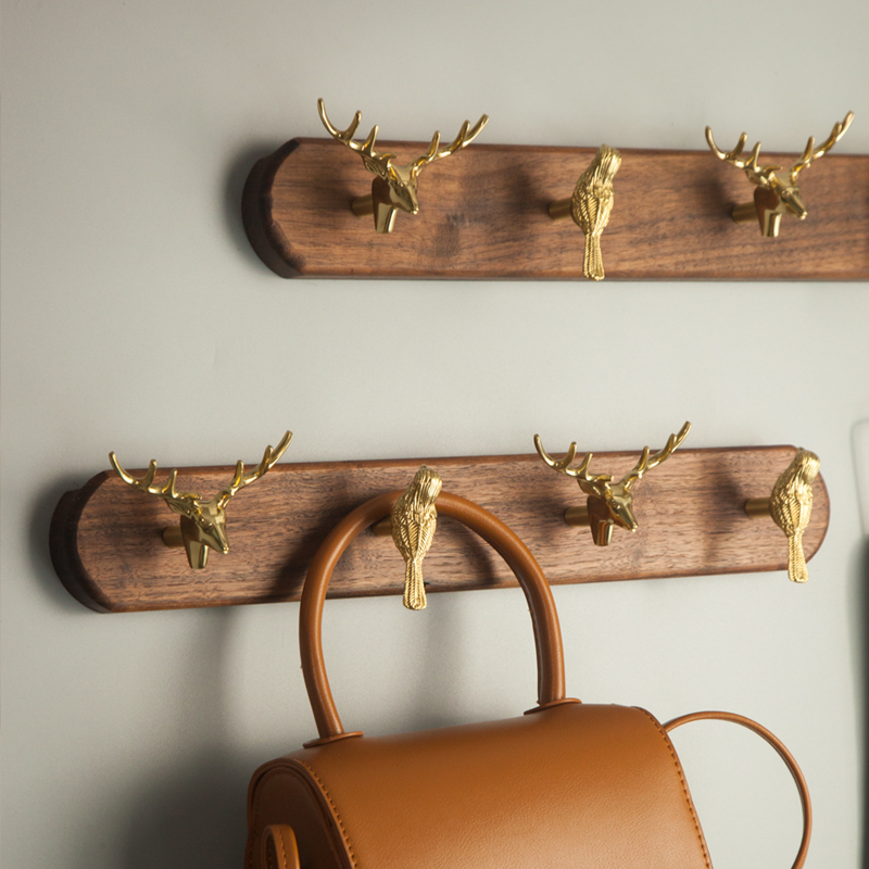 Punch-free creative retro animal head Nordic paste key hook hanger hook brass wall decoration coat hook