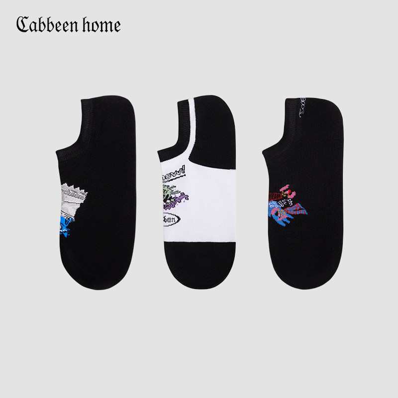 Cabbeen Carbine Home Men's Antibacterial Trend Black Sports Cartoon Invisible Socks Short Socks Summer