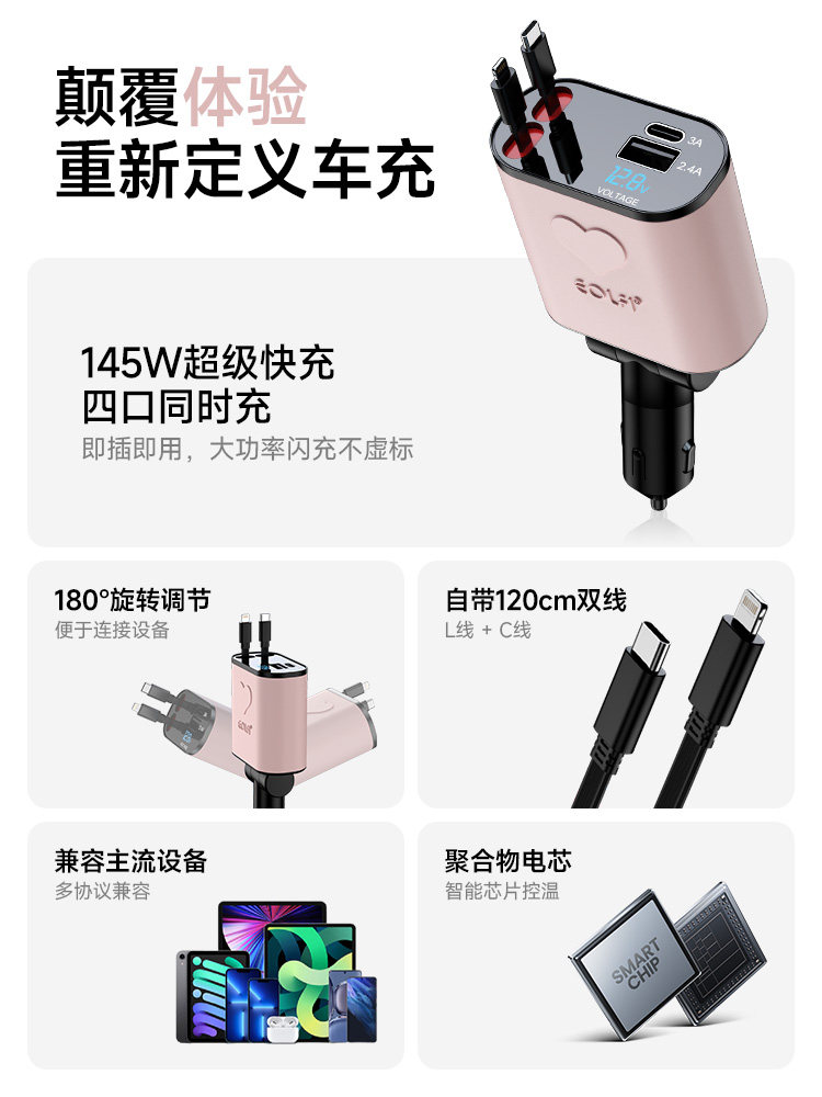 2025 New Car Charger 145W Super Fast Charging Cigarette Lighter Suitable for Huawei Xiaomi Apple Fast Charging Cable