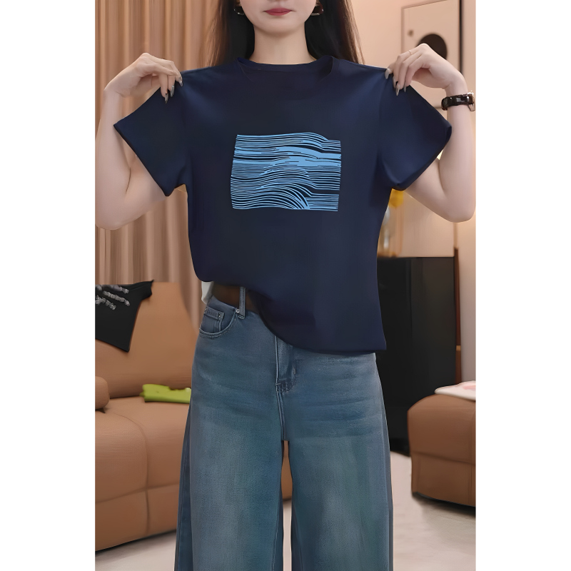Right-Shoulder Pure Cotton Round-Neck Navy Blue Short-Sleeve T-Shirt for Women, 2025 New Fashion Versatile Top for Summer Trend