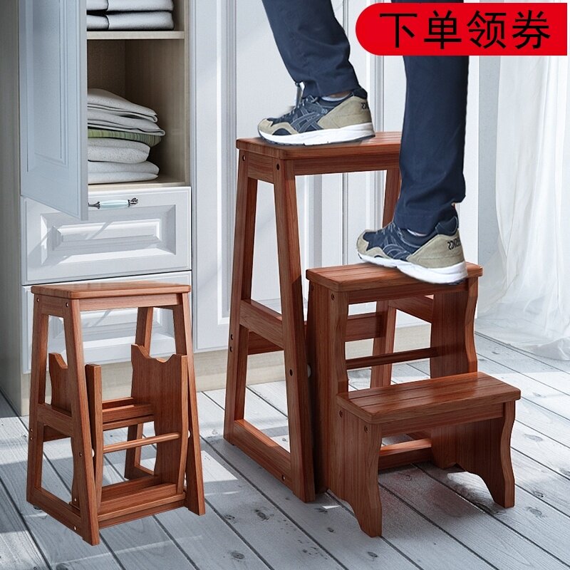 Old-fashioned solid wood chair foldable ladder stool kitchen ladder stool dual-use household stool climbing multi-functional stair chair