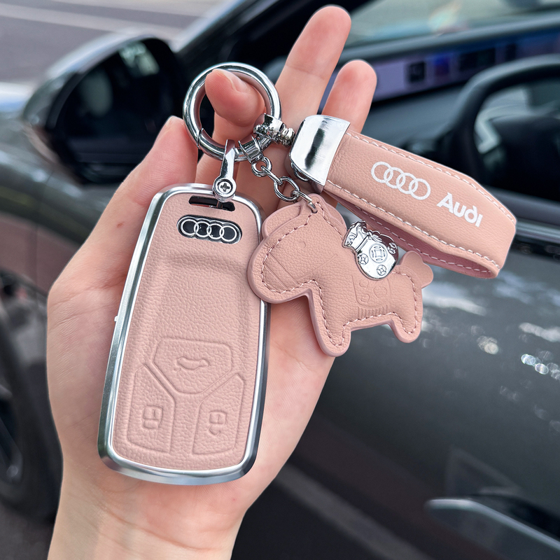 Suitable for Audi A4L/A5L/Q5L Key Cover S4/R8/Sq5 High-End Women's Leather Car Shell Pink Buckle Suitable for Audi A4L/A5L/Q5L Key Cover S4/R8/Sq5 High-End Women's Leather Car Shell Pink Buckle