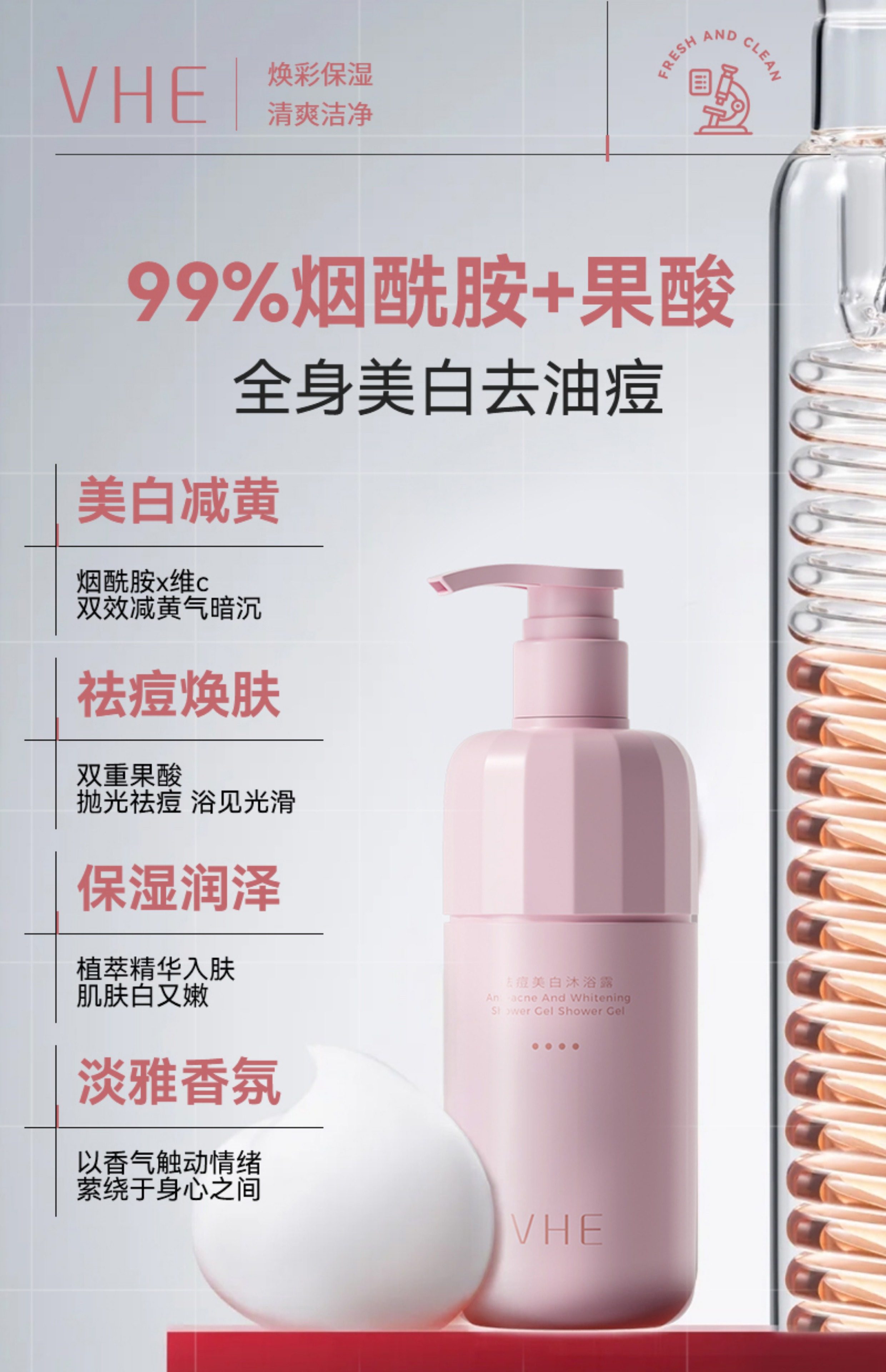 【中國直郵】 VHE 祛痘美白沐浴露 全身煥發保濕水潤持久留香乳液洗護男女 400g/瓶