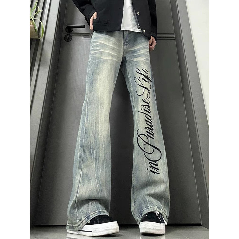 National Trendy Brand American High Street Style Lightning Pattern Jeans for Men, Trendy Brand Letter Print Vibe Pants, Slightly Flared Straight Pants