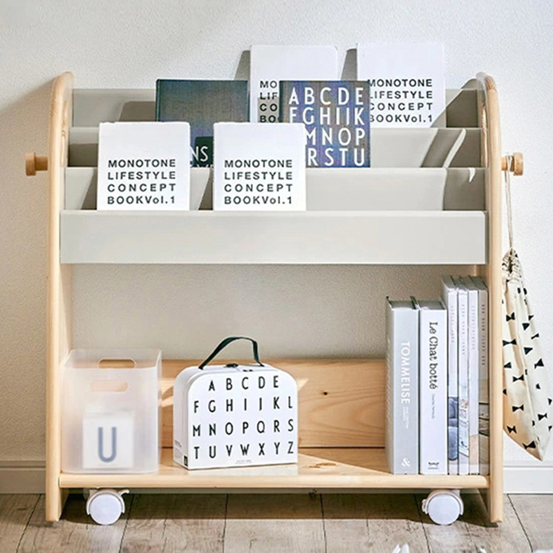 Children's solid wood mobile bookshelves Ploy Toy Two-in-one Shelve Nursery Kindergarten Baby Floor Home
