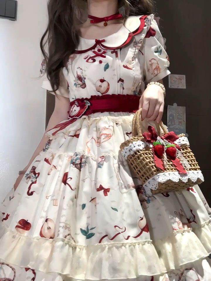 Китайцы одежда наборы 夏日甜美少女感红色lolita公主裙女娃娃领印花泡泡袖收腰中长裙子